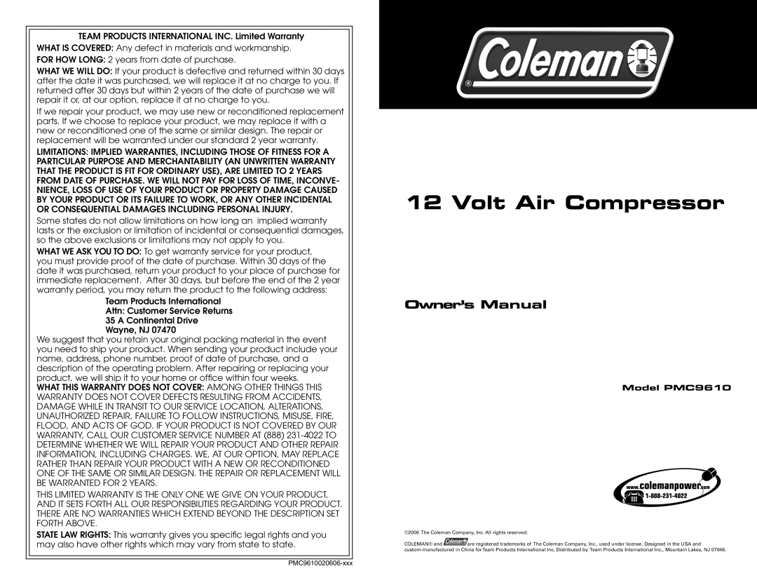 Team Products PMC9610 owner manual Volt Air Compressor 