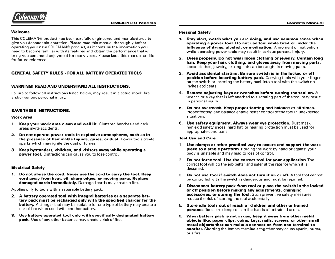 Team Products PMD8129 Model owner manual Welcome, General Safety Rules for ALL Battery Operated Tools 