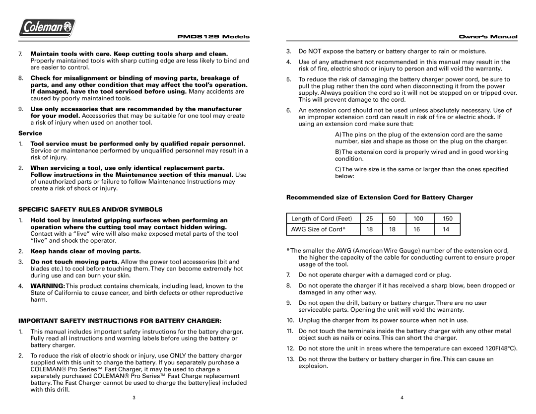 Team Products PMD8129 Model Specific Safety Rules AND/OR Symbols, Important Safety Instructions for Battery Charger 