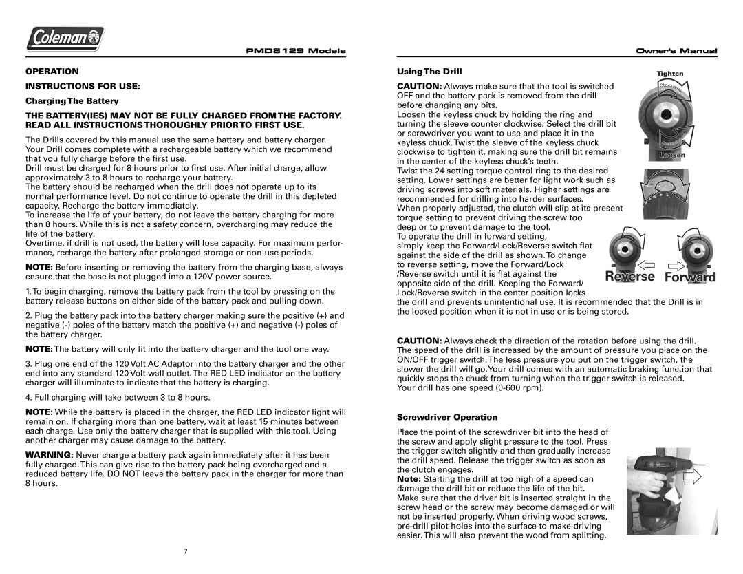 Team Products PMD8129 Model Operation Instructions for USE Charging The Battery, Using The Drill, Screwdriver Operation 