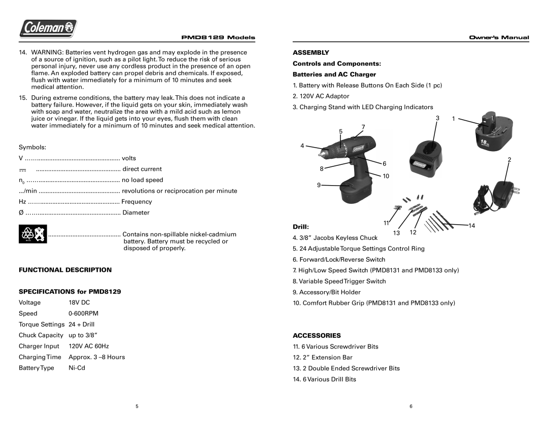 Team Products PMD8129 Model owner manual FUNCTIONAL DESCRIPTION SPECIFICATIONS for PMD8129, Drill, Accessories 