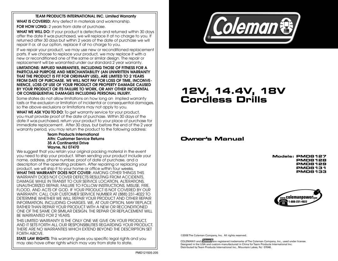 Team Products PMD8129, PMD8131, PMD8133, PMD8128, PMD8127 owner manual 12V, 14.4V, 18V Cordless Drills 