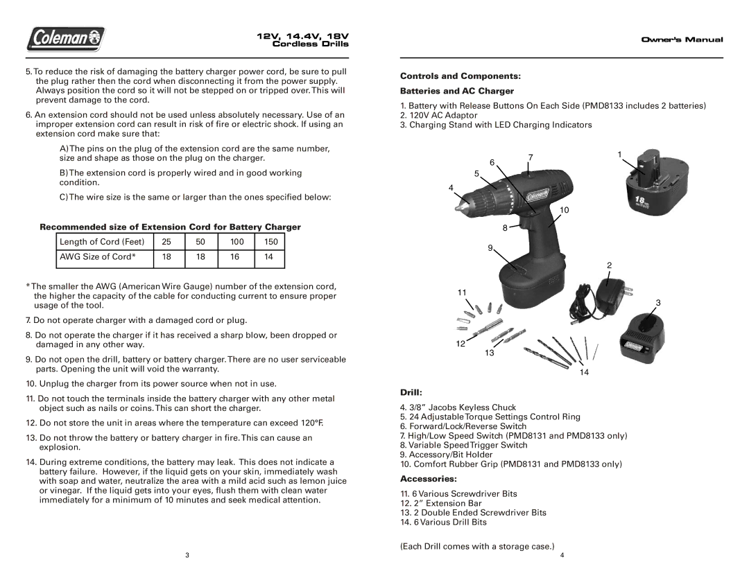 Team Products PMD8128, PMD8131, PMD8129, PMD8133 Recommended size of Extension Cord for Battery Charger, Drill, Accessories 