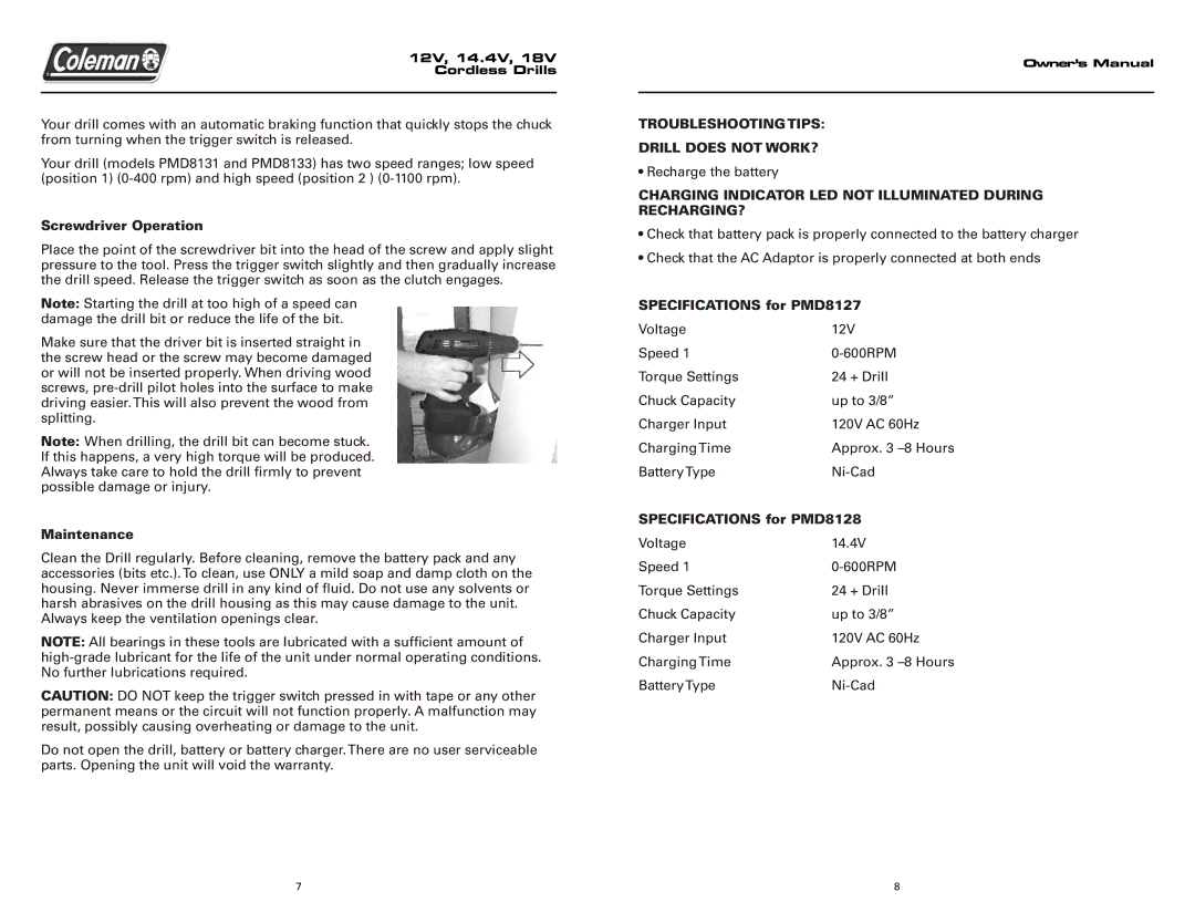 Team Products PMD8131, PMD8129 Screwdriver Operation, Maintenance, Specifications for PMD8127, Specifications for PMD8128 