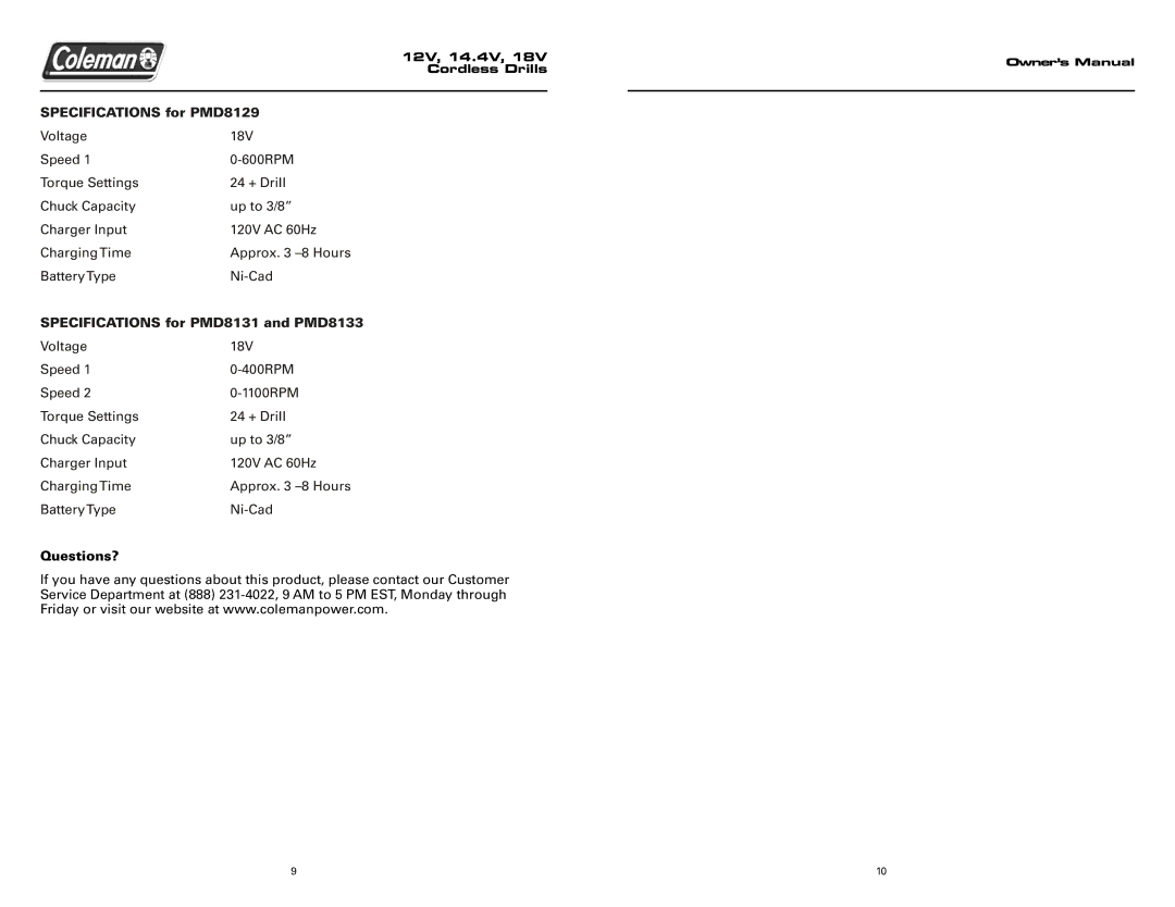 Team Products PMD8128, PMD8127 Specifications for PMD8129, Specifications for PMD8131 and PMD8133, Questions? 