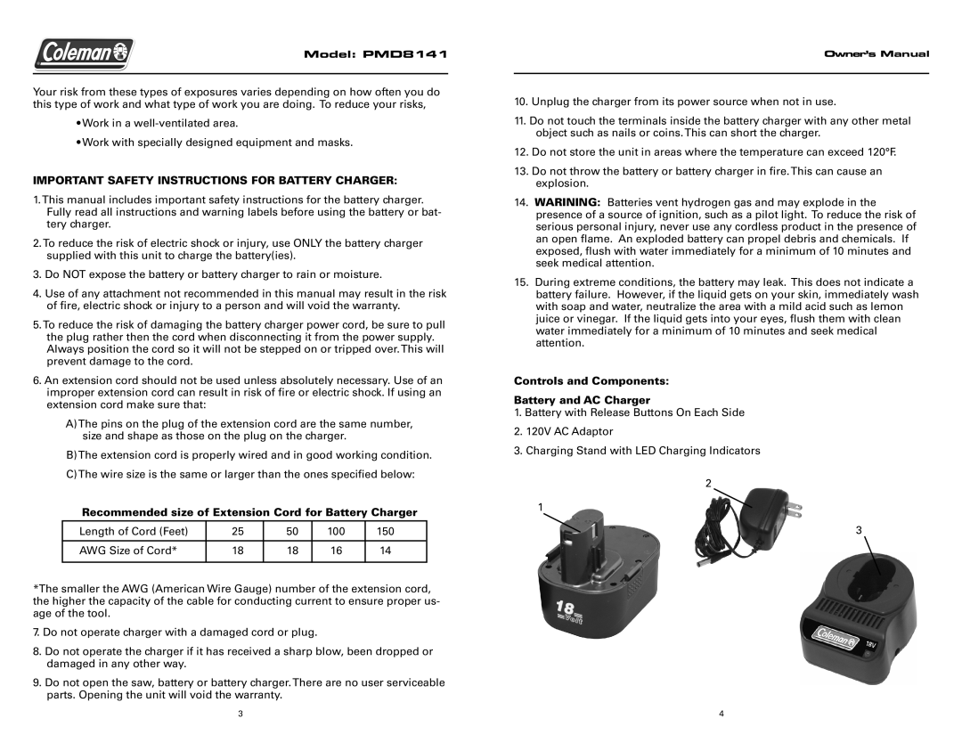 Team Products PMD8141 Important Safety Instructions for Battery Charger, Controls and Components Battery and AC Charger 