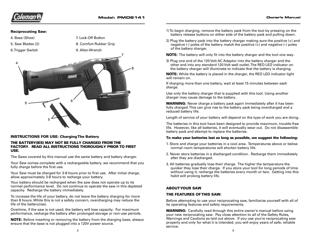 Team Products PMD8141 Reciprocating Saw, Instructions for USE Charging The Battery, Aboutyour SAW Features of this SAW 