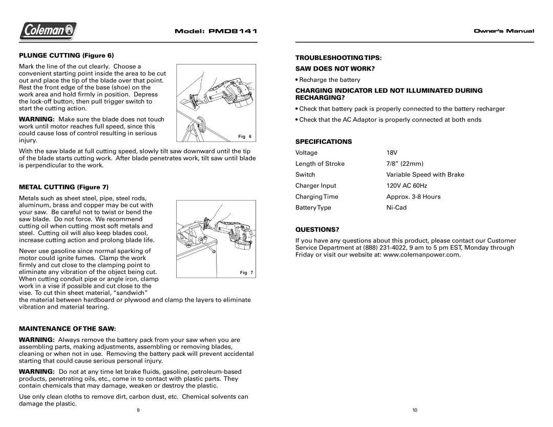 Team Products PMD8141 Maintenance of the SAW, Troubleshooting Tips SAW does not WORK?, Specifications, Questions? 