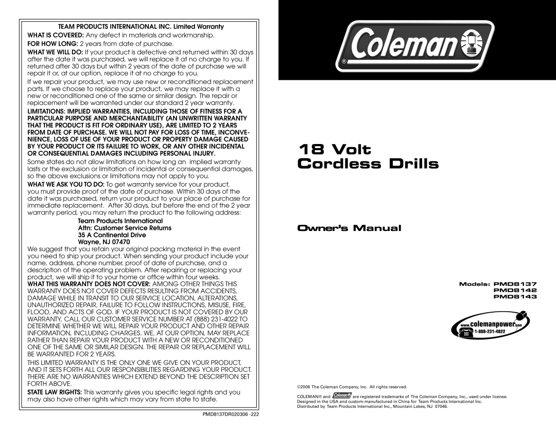 Team Products PMD8142, PMD8143, PMD8137 owner manual Volt Cordless Drills 