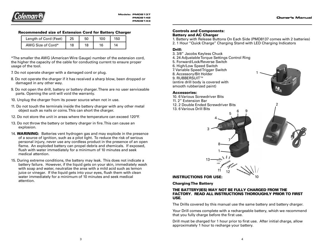 Team Products PMD8142 Recommended size of Extension Cord for Battery Charger, Drill, Accessories, Charging The Battery 