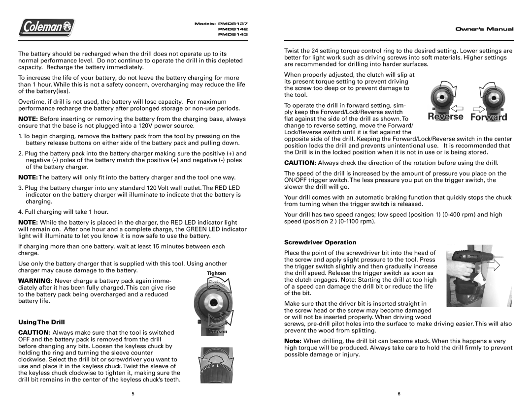 Team Products PMD8137, PMD8143, PMD8142 owner manual Using The Drill, Screwdriver Operation 