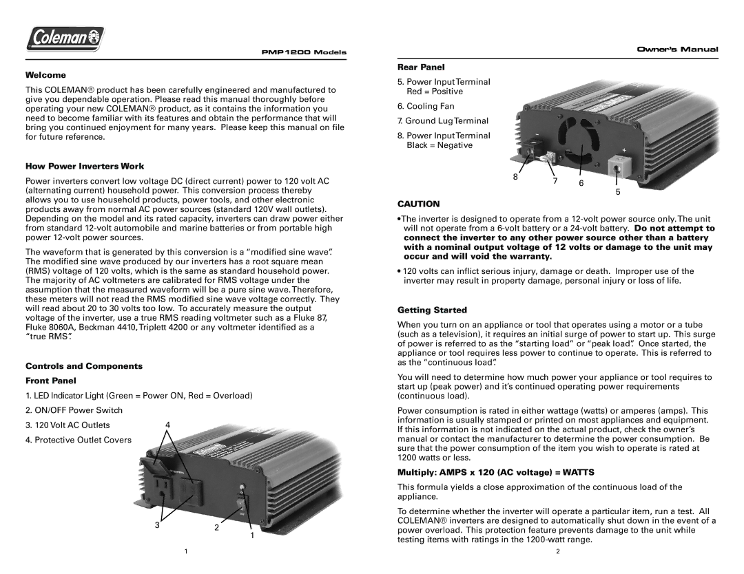 Team Products PMP1200 Welcome, How Power Inverters Work, Controls and Components Front Panel, Rear Panel, Getting Started 