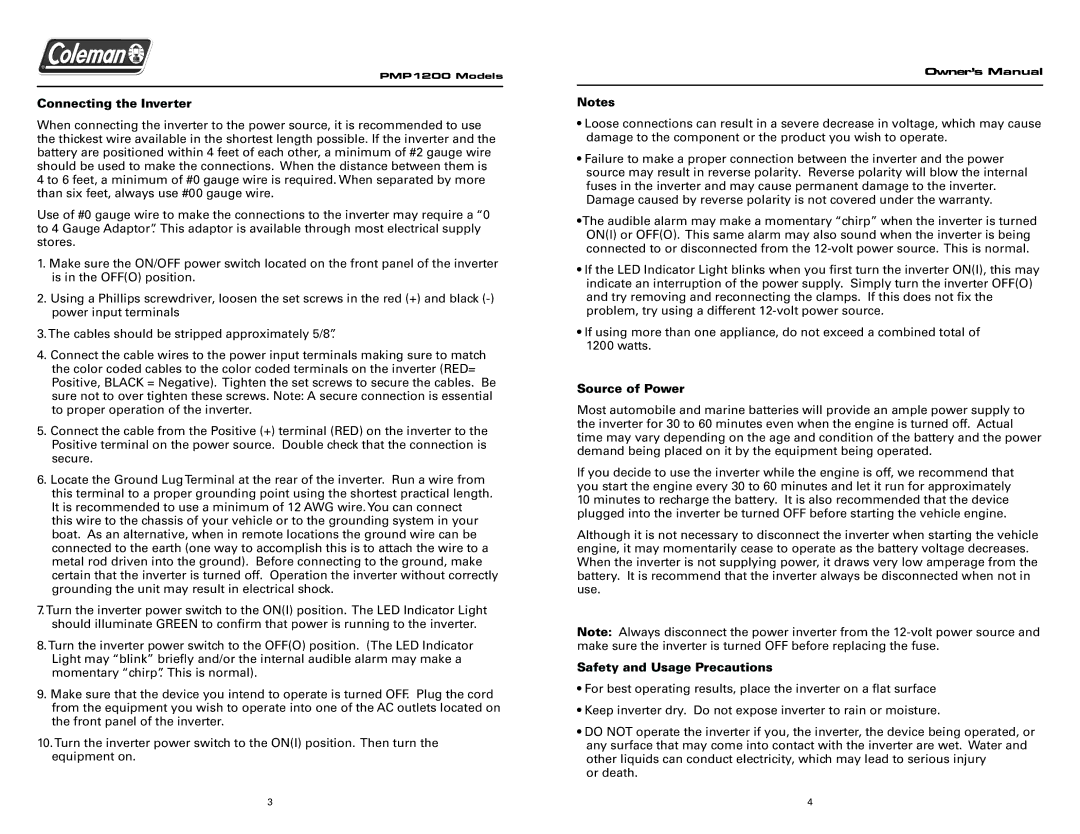 Team Products PMP1200 owner manual Connecting the Inverter, Source of Power, Safety and Usage Precautions 