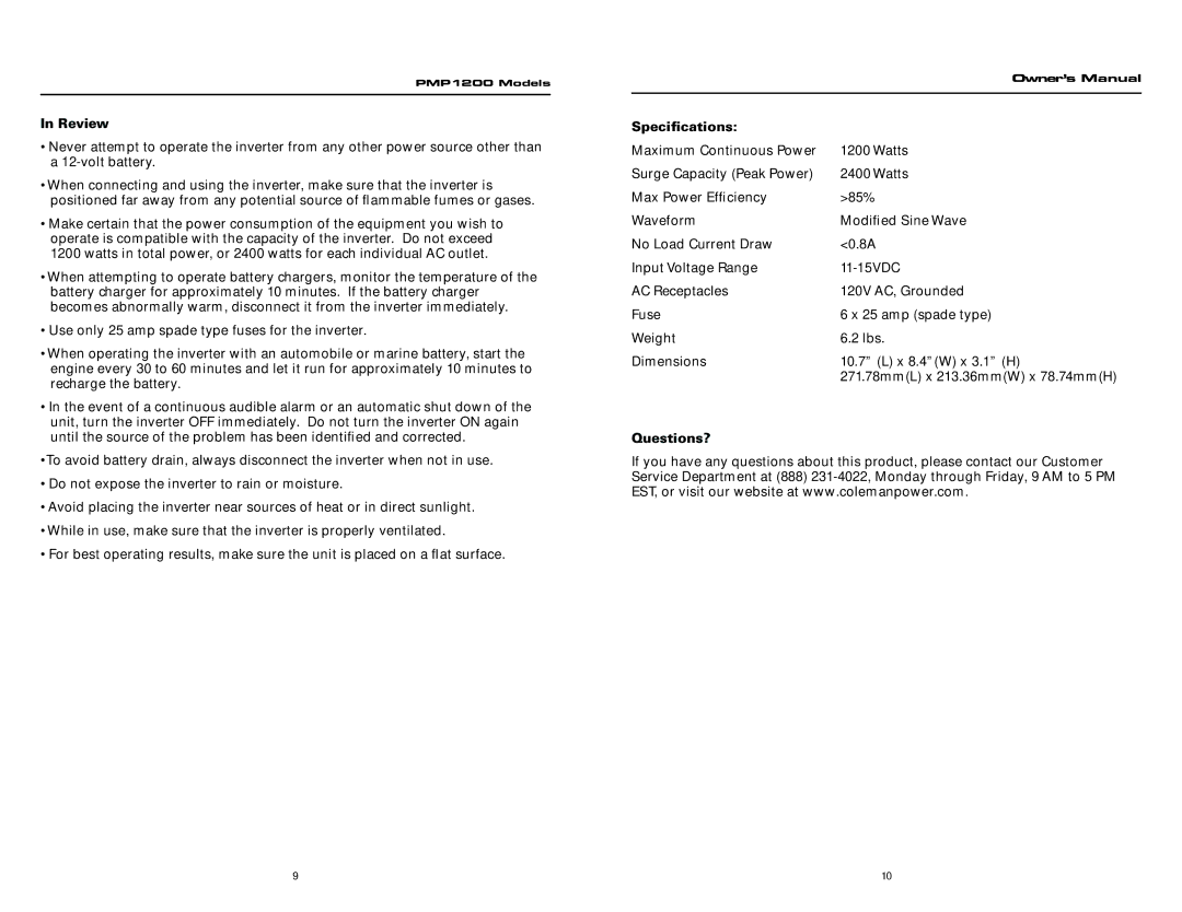 Team Products PMP1200 owner manual Review, Specifications, Questions? 