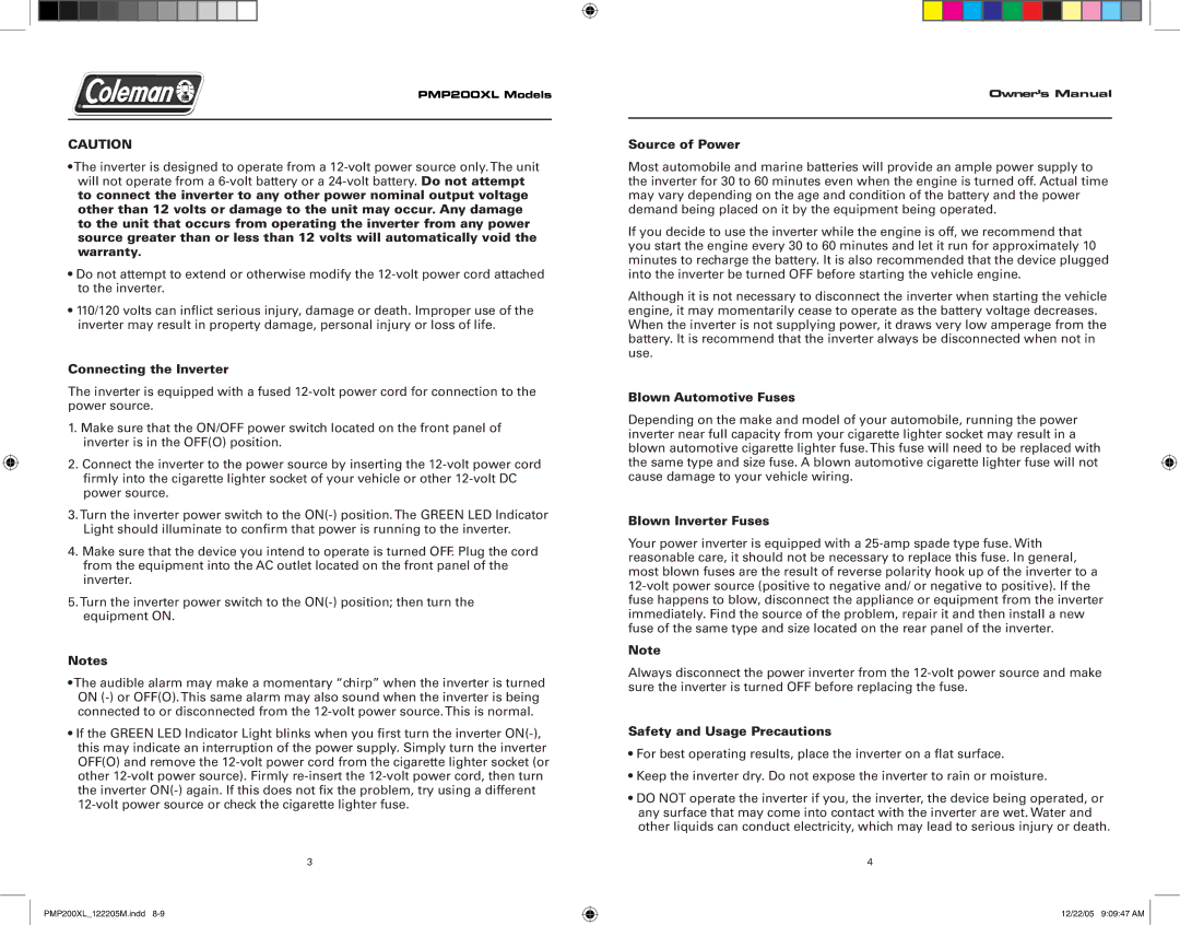 Team Products PMP200XL owner manual Connecting the Inverter, Source of Power, Blown Automotive Fuses, Blown Inverter Fuses 