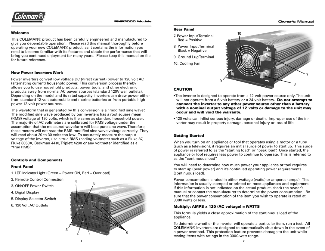 Team Products PMP3000 Welcome, Rear Panel, How Power Inverters Work, Controls and Components Front Panel, Getting Started 