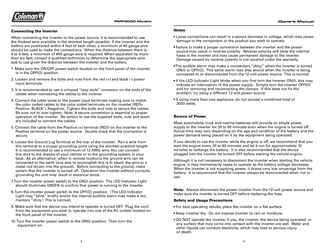 Team Products PMP3000 owner manual Connecting the Inverter, Source of Power, Safety and Usage Precautions 