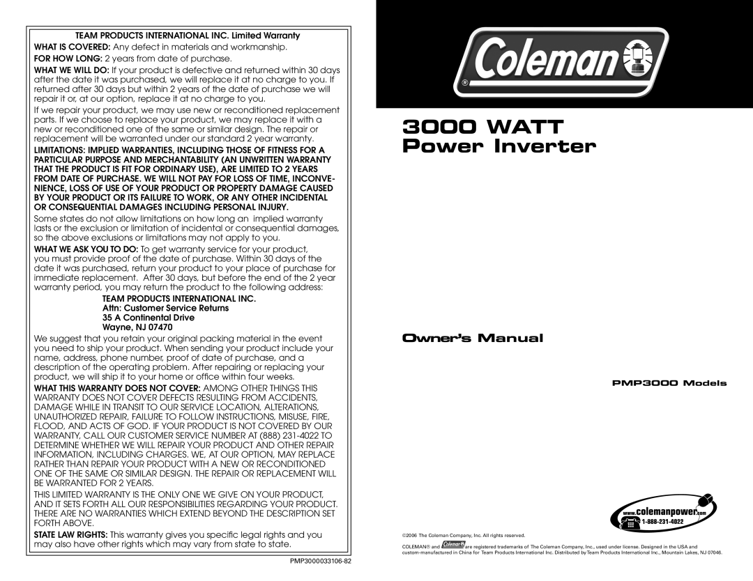 Team Products PMP3000 owner manual Owner’s Manual, WATT Power Inverter 