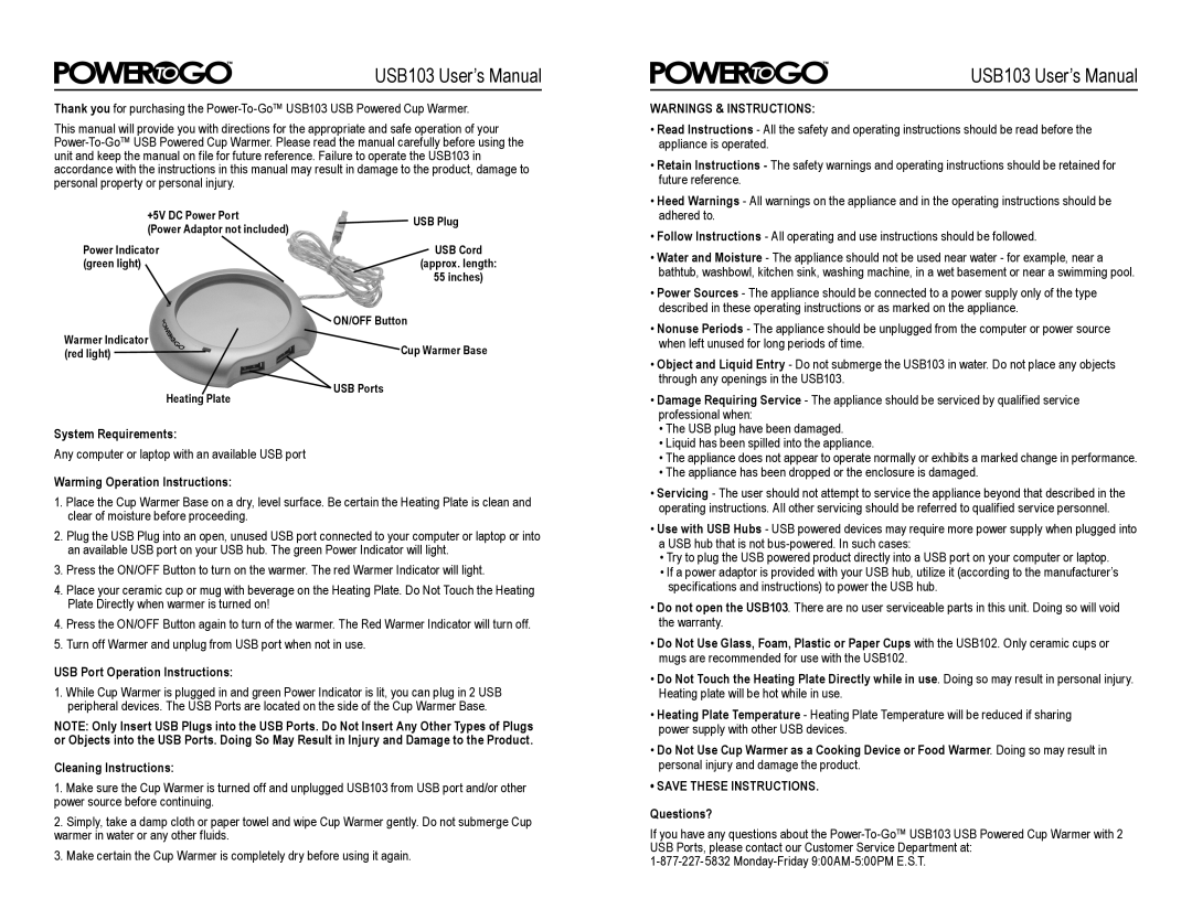 Team Products USB103 User’s Manual, System Requirements, Warming Operation Instructions, Cleaning Instructions 