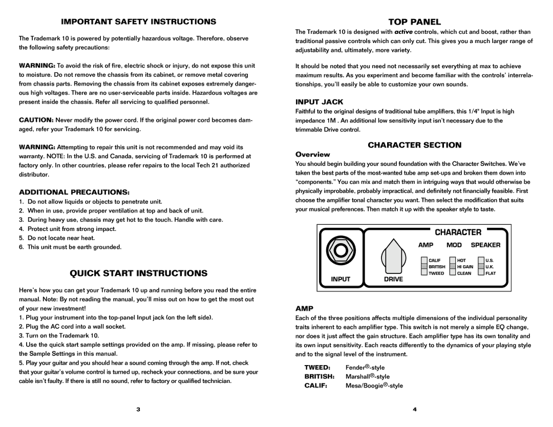 Tech 21 10 owner manual Quick Start Instructions, TOP Panel, Important Safety Instructions, Character Section 