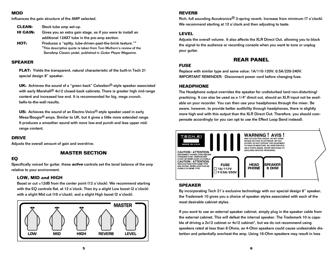 Tech 21 10 owner manual Rear Panel, Master Section 