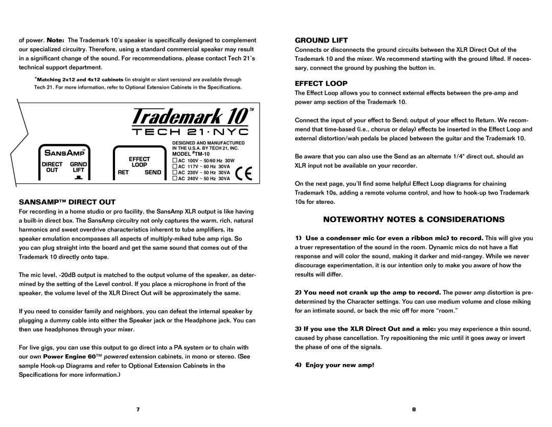 Tech 21 10 owner manual Sansamp Direct OUT, Ground Lift, Effect Loop 