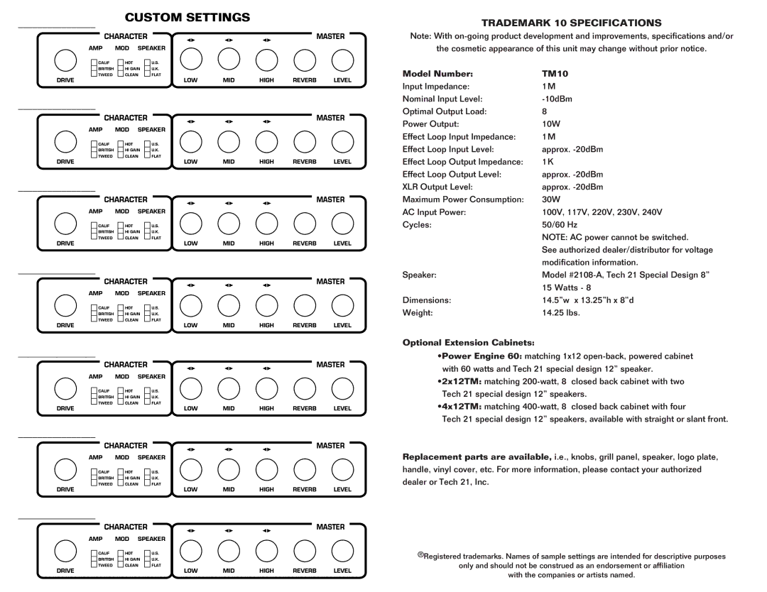 Tech 21 owner manual Trademark 10 Specifications, Model Number TM10, Optional Extension Cabinets 