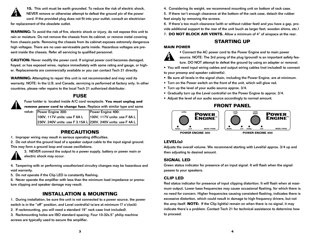Tech 21 300 manual Fuse, Precautions, Installation & Mounting, Starting UP, Front Panel 