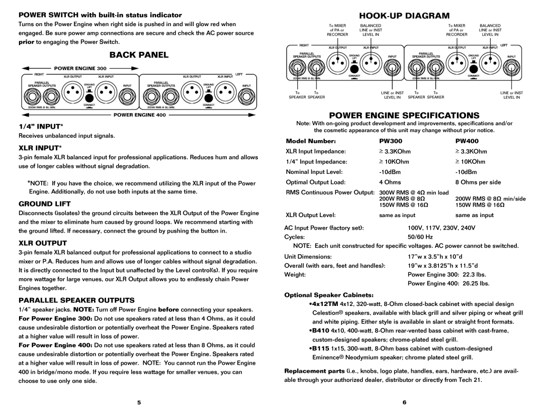 Tech 21 300 manual Back Panel, Power Engine Specifications 