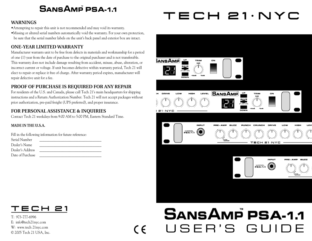 Tech 21 PSA-1.1 warranty ONE-YEAR Limited Warranty, Proof of Purchase is Required for ANY Repair 