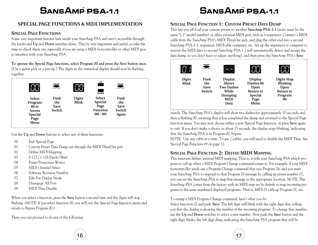 Tech 21 PSA-1.1 warranty Special page Functions & Midi Implementation, Special page Function 1 Custom Preset Data Dump 