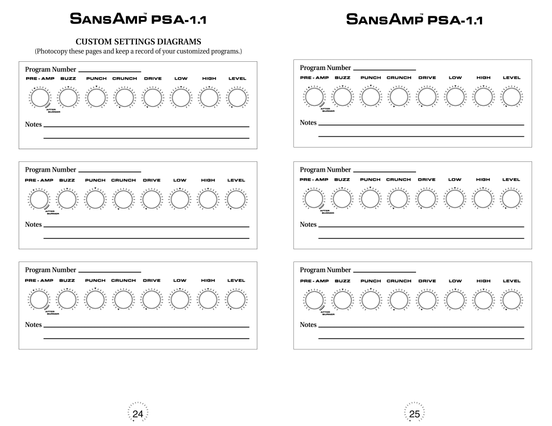 Tech 21 PSA-1.1 warranty Custom Settings Diagrams, Program Number 