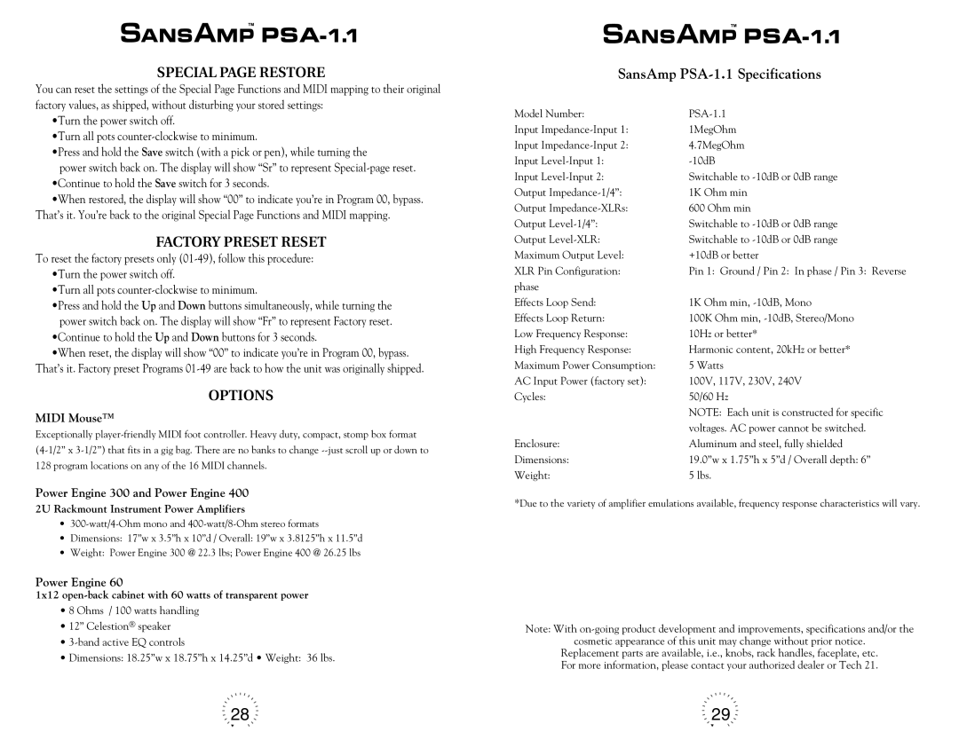 Tech 21 PSA-1.1 warranty Special page Restore, Factory Preset Reset, Options 