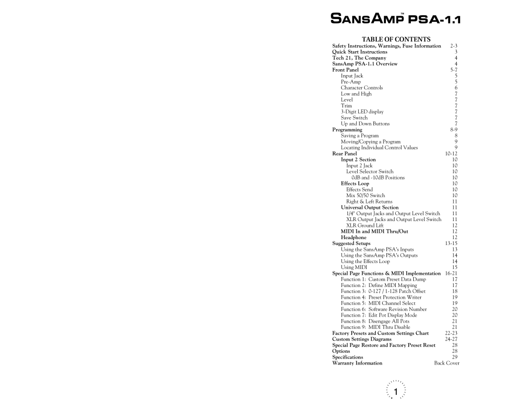 Tech 21 PSA-1.1 warranty Table of Contents 