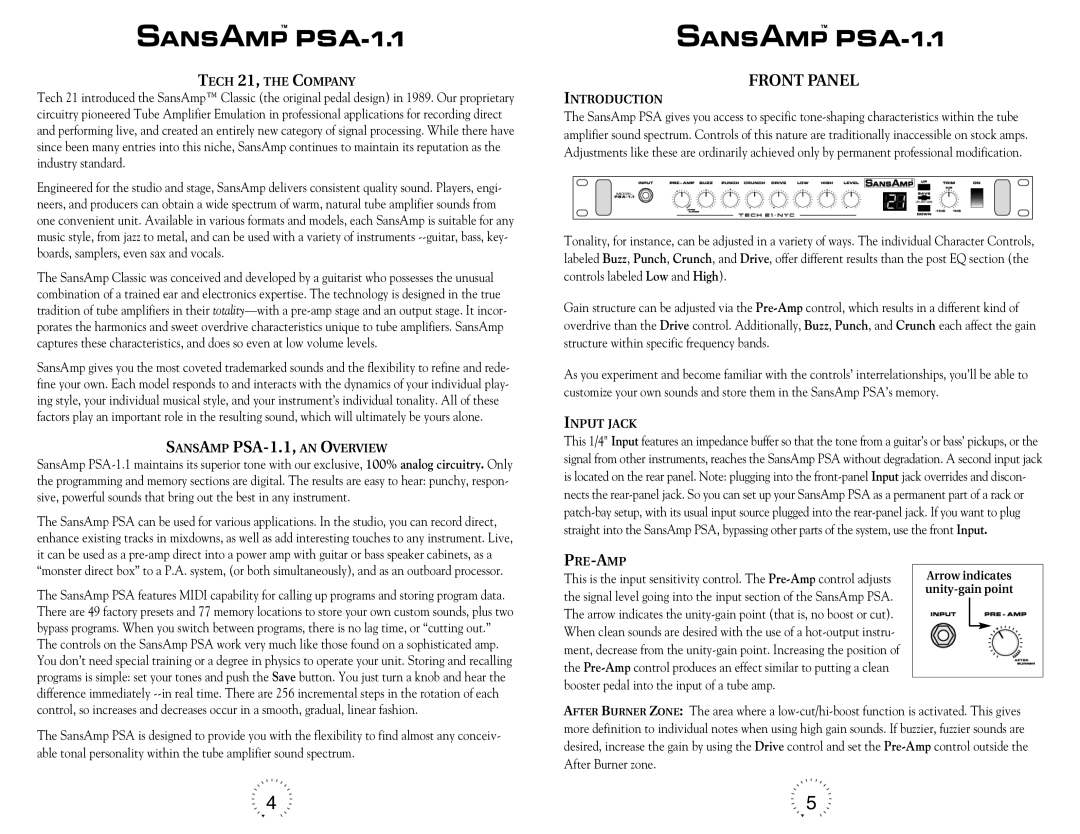 Tech 21 PSA-1.1 warranty Front Panel 