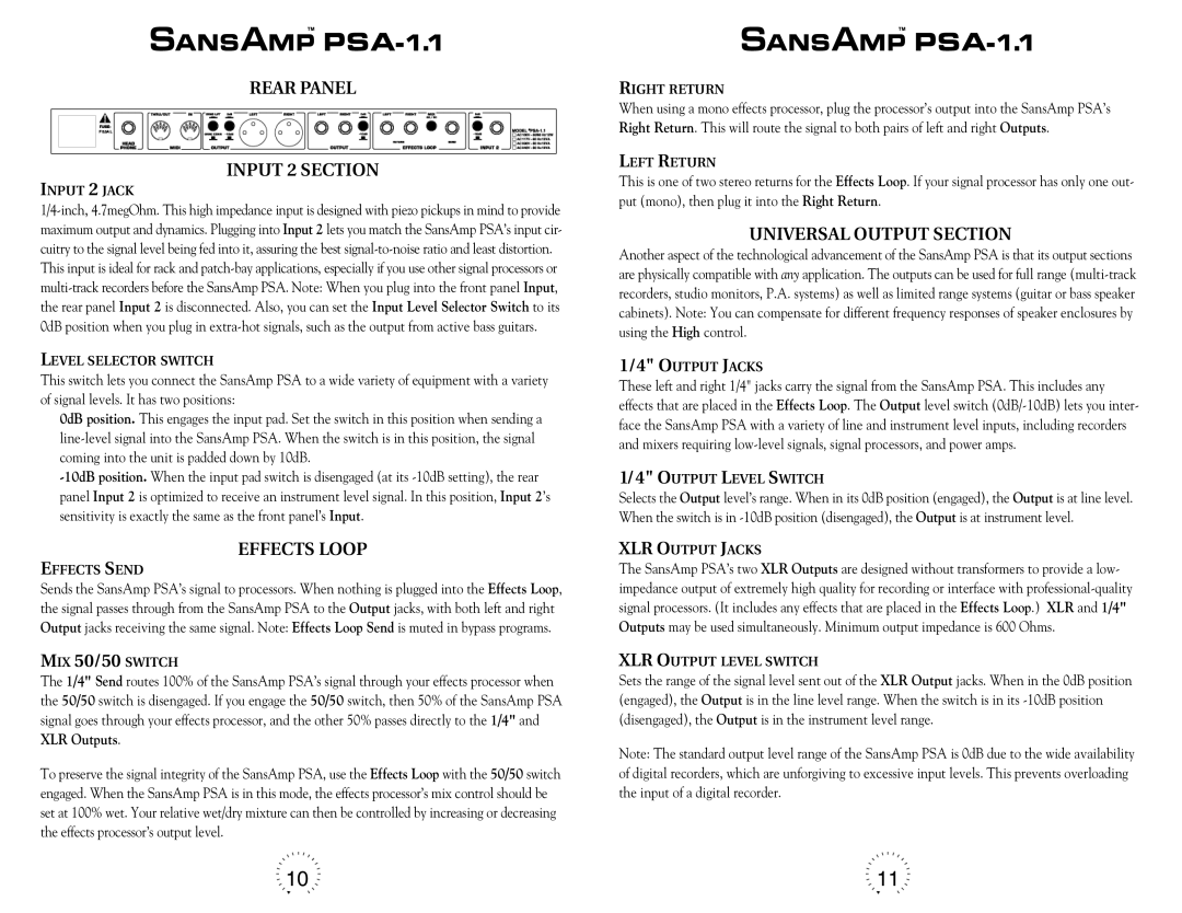 Tech 21 PSA-1.1 warranty Rear Panel Input 2 Section, Effects Loop, Universal Output Section 