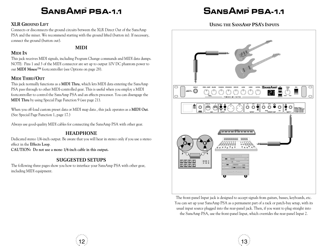 Tech 21 PSA-1.1 warranty Midi, Headphone, Suggested Setups 