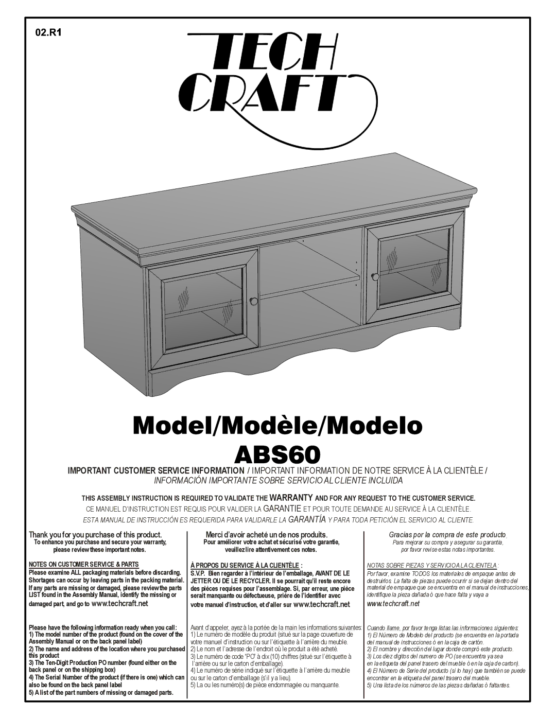 Tech Craft ABS60 warranty Información Importante Sobre Servicio AL Cliente Incluida 