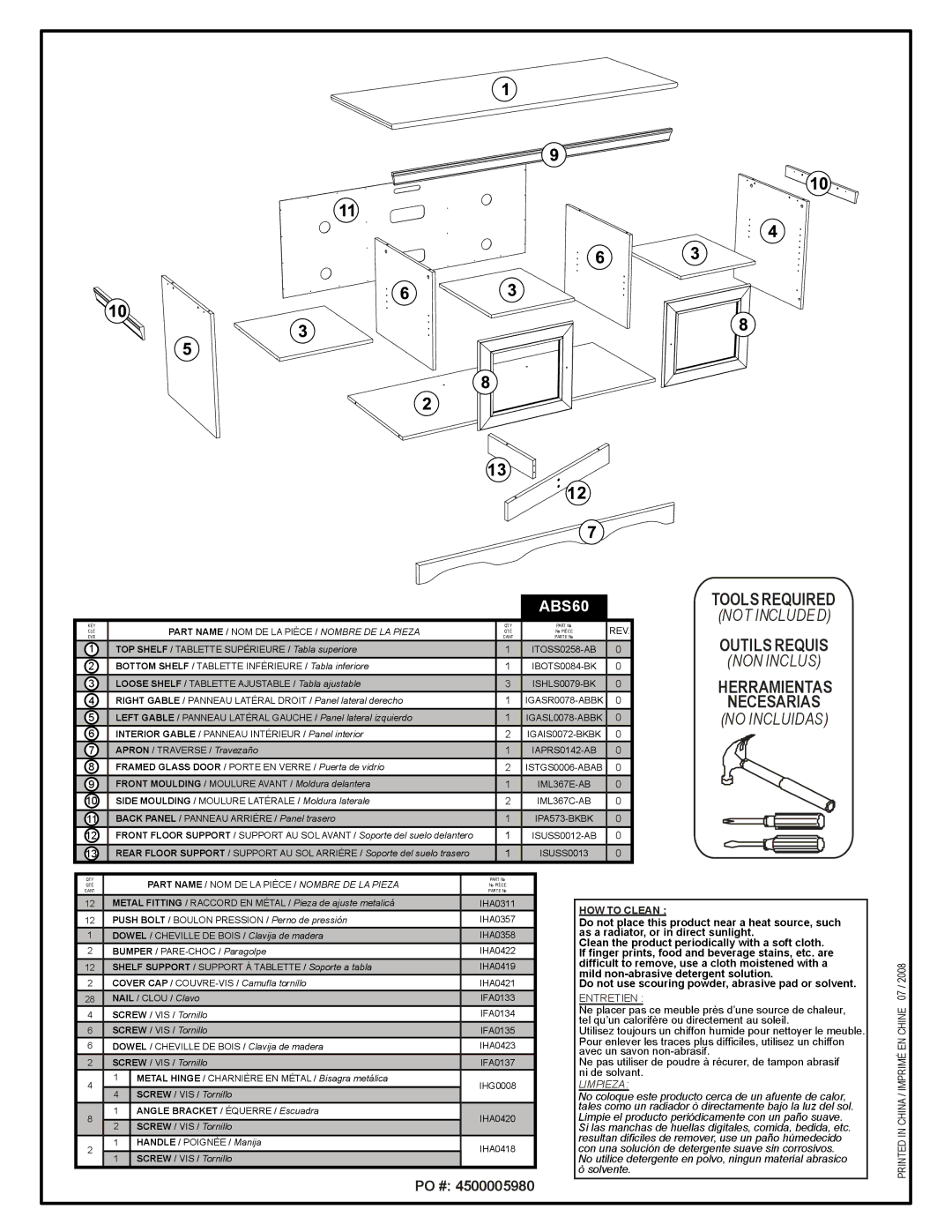 Tech Craft ABS60 warranty Tools Required 