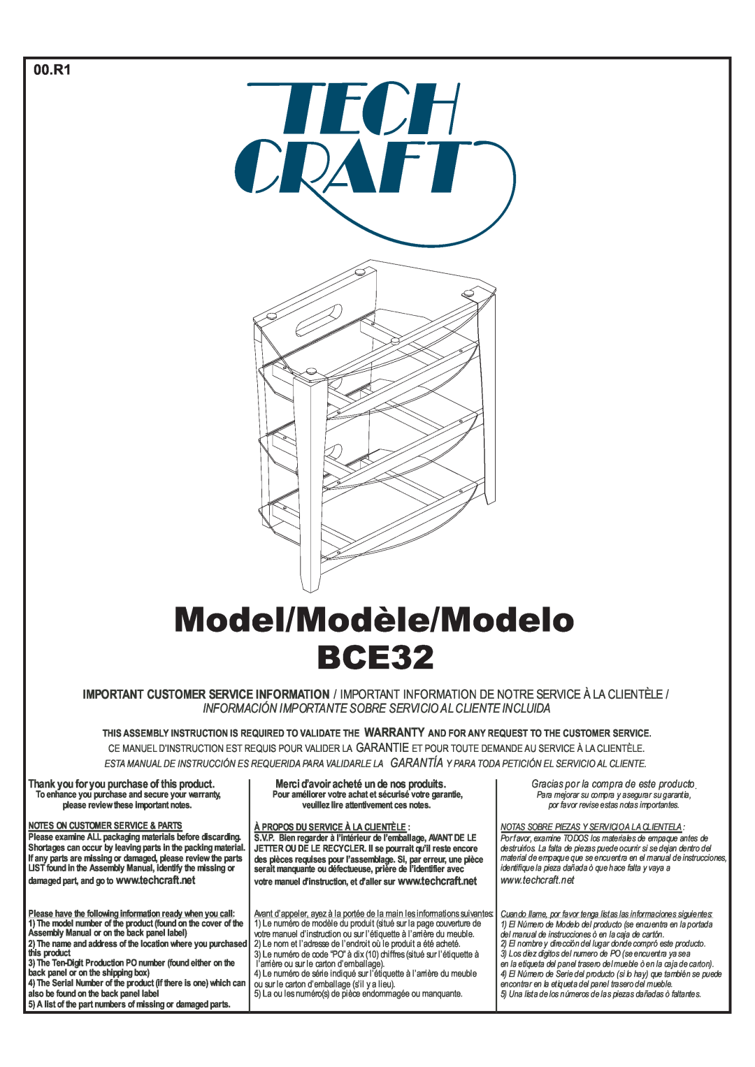 Tech Craft BCE32 warranty Model/Modèle/Modelo, 00.R1, Información Importante Sobre Servicio Al Cliente Incluida 