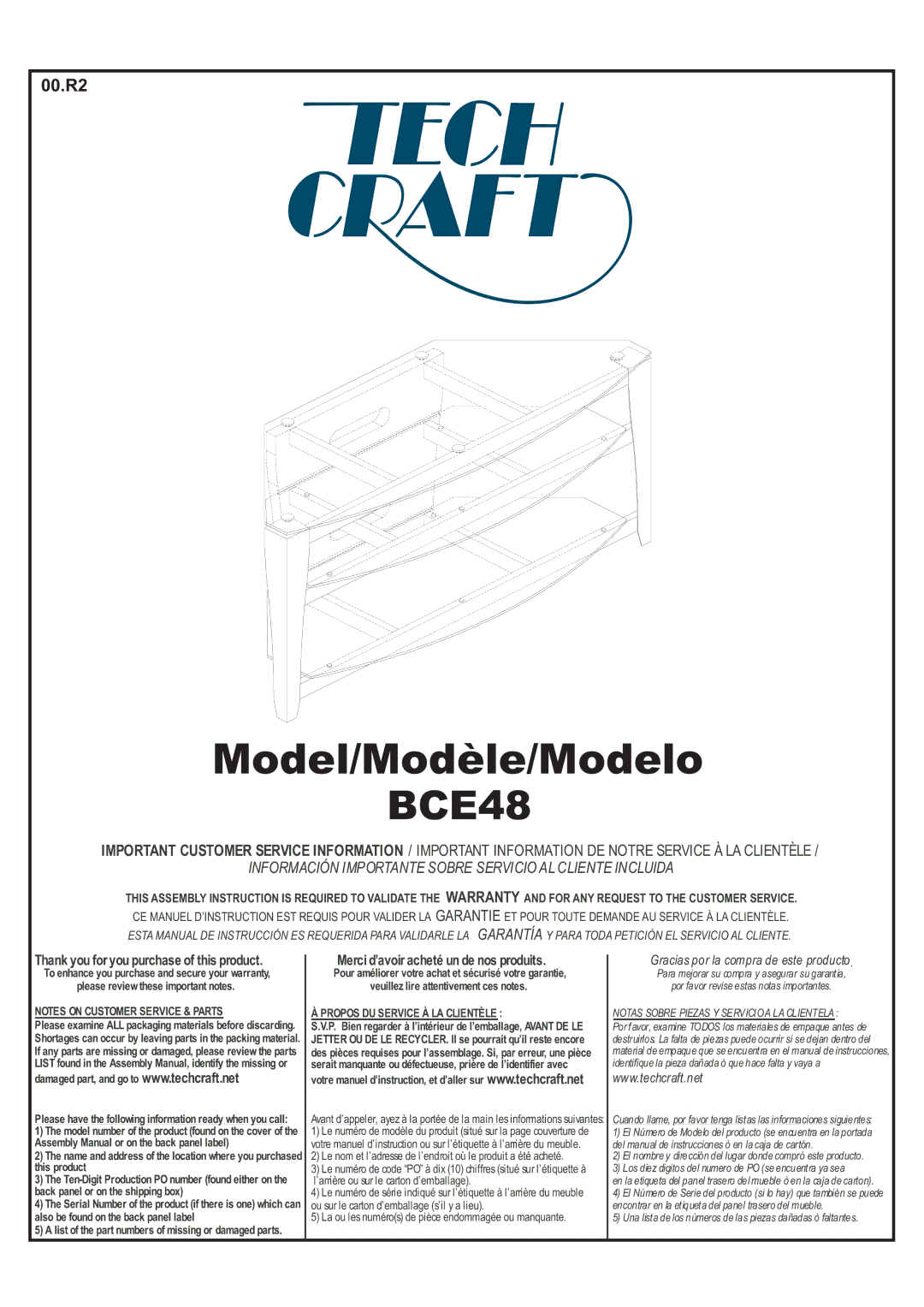 Tech Craft BCE48 warranty Model/Modèle/Modelo 