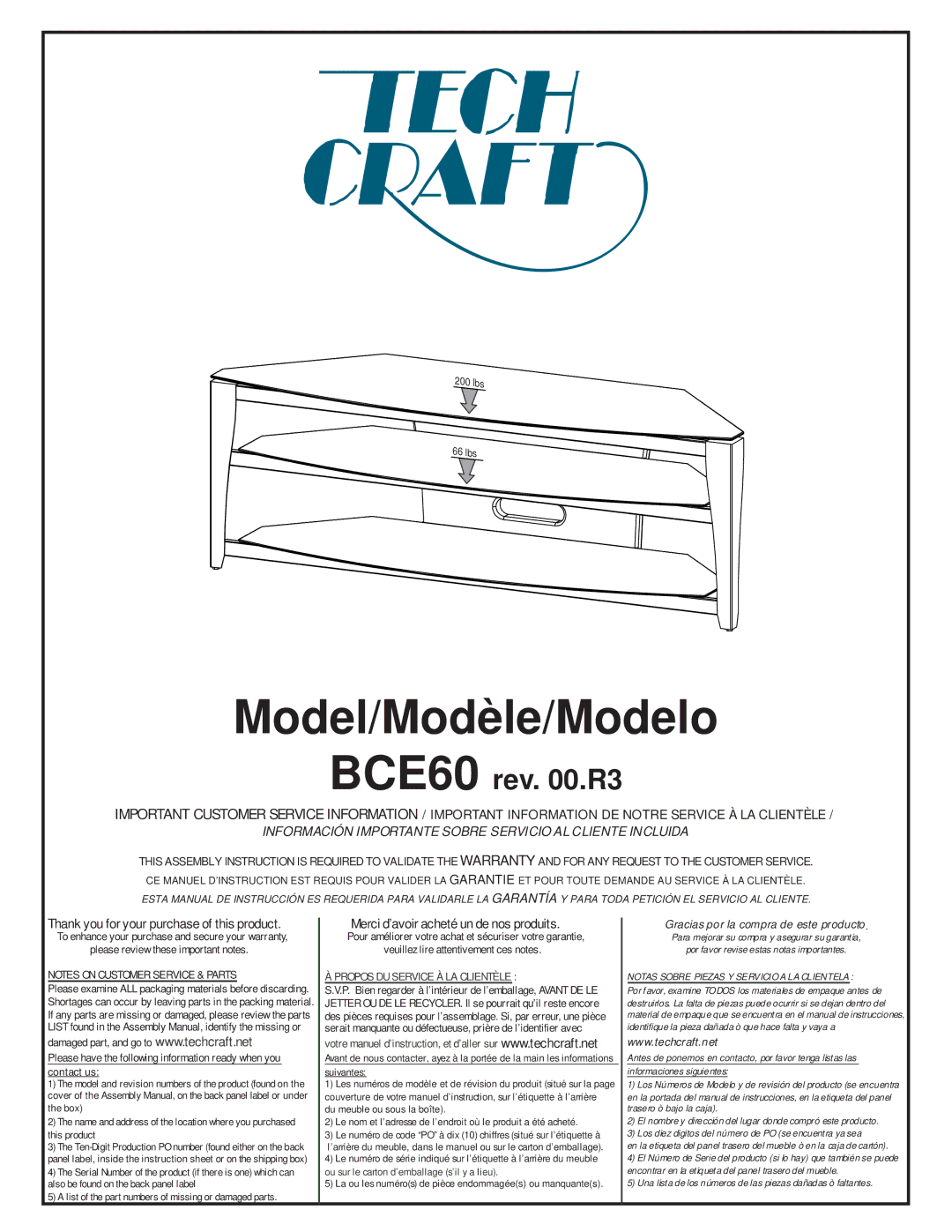 Tech Craft BCE60 warranty Model/Modèle/Modelo 