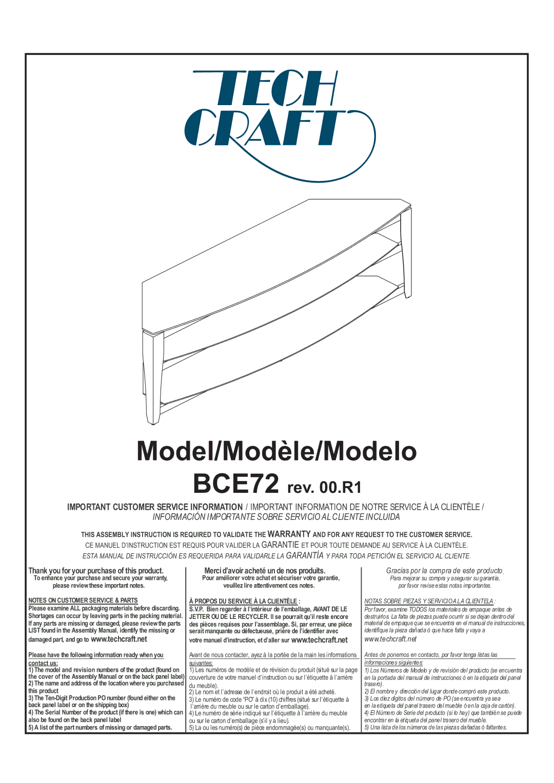 Tech Craft BCE72 warranty Model/Modèle/Modelo, Notas Sobre Piezas Y Servici O a LA Clientela 