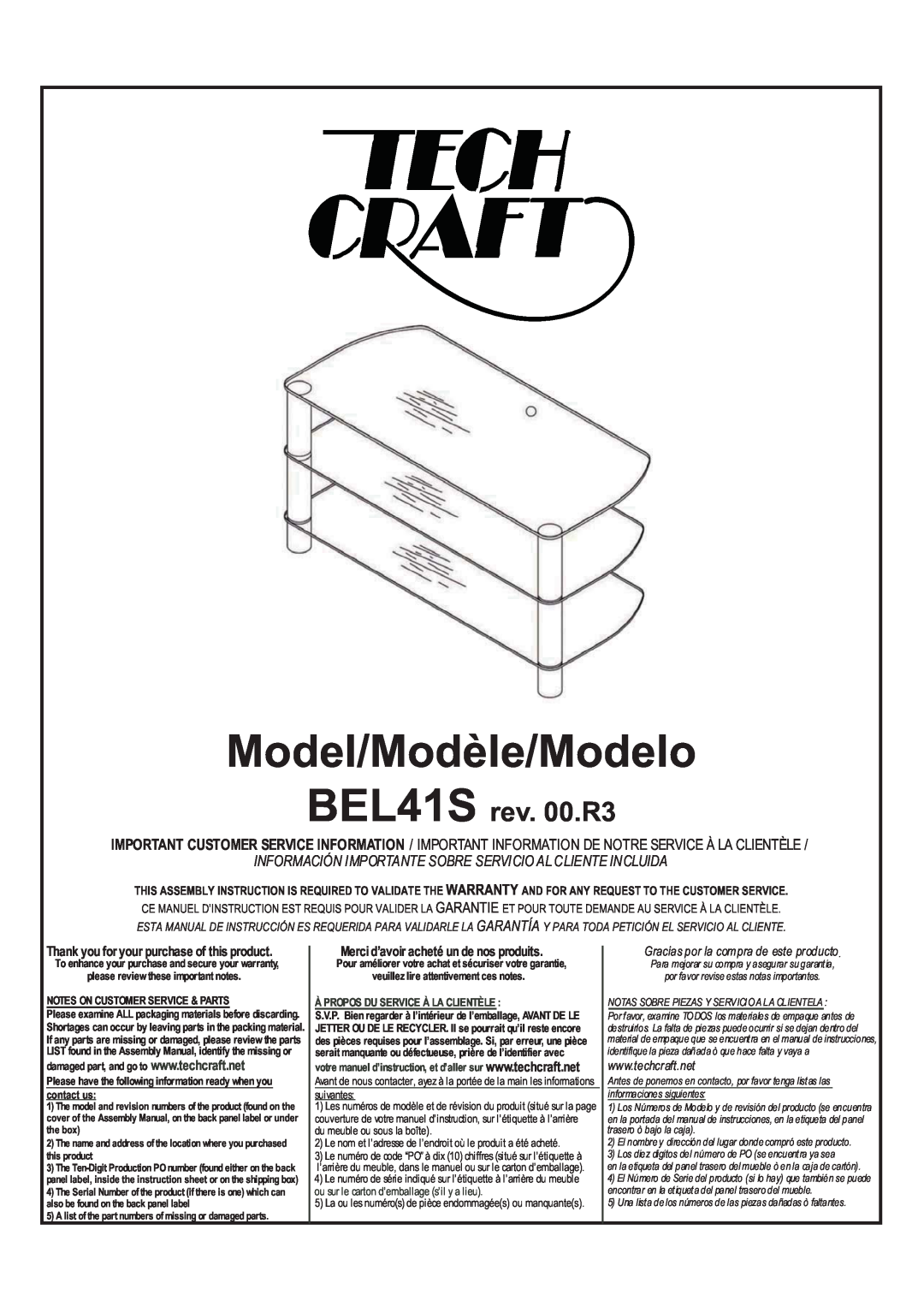 Tech Craft warranty Model/Modèle/Modelo, BEL41S rev. 00.R3, Información Importante Sobre Servicio Al Cliente Incluida 
