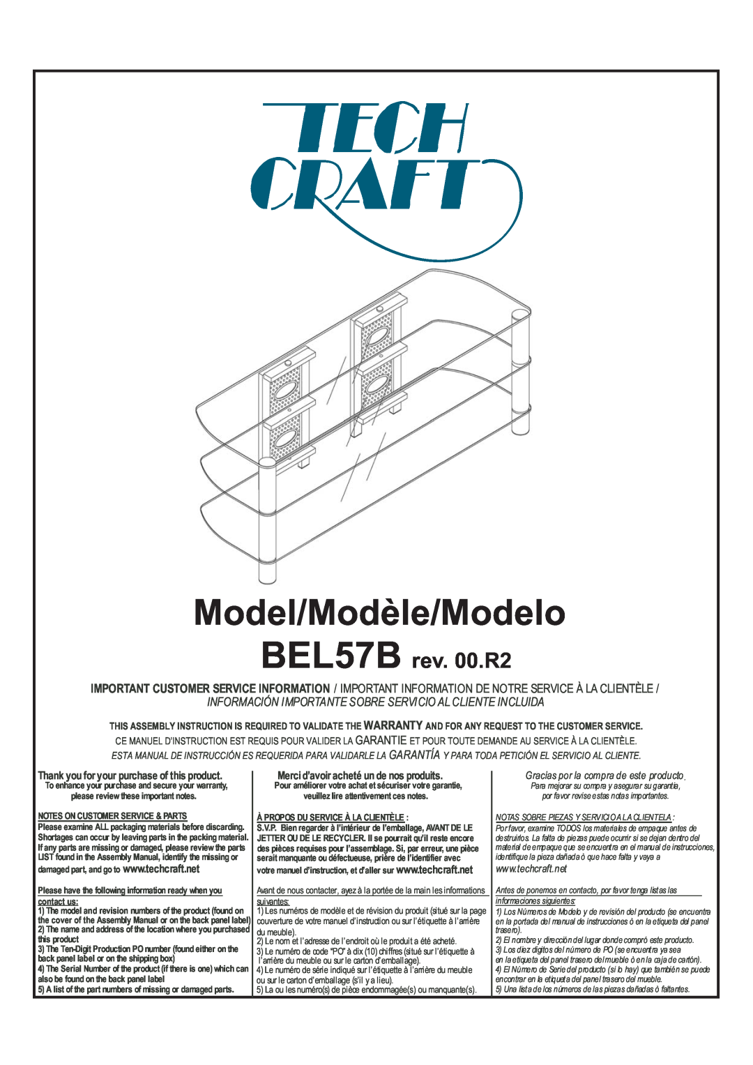 Tech Craft manual Model/Modèle/Modelo, BEL57B rev. 00.R2, Información Importante Sobre Servicio Al Cliente Incluida 