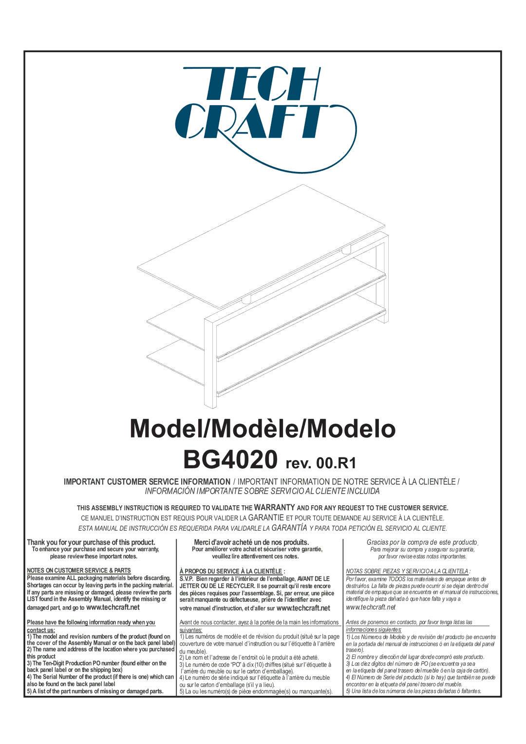 Tech Craft BG4020 warranty Model/Modèle/Modelo, Notas Sobre Piezas Y Servici O a LA Clientela 