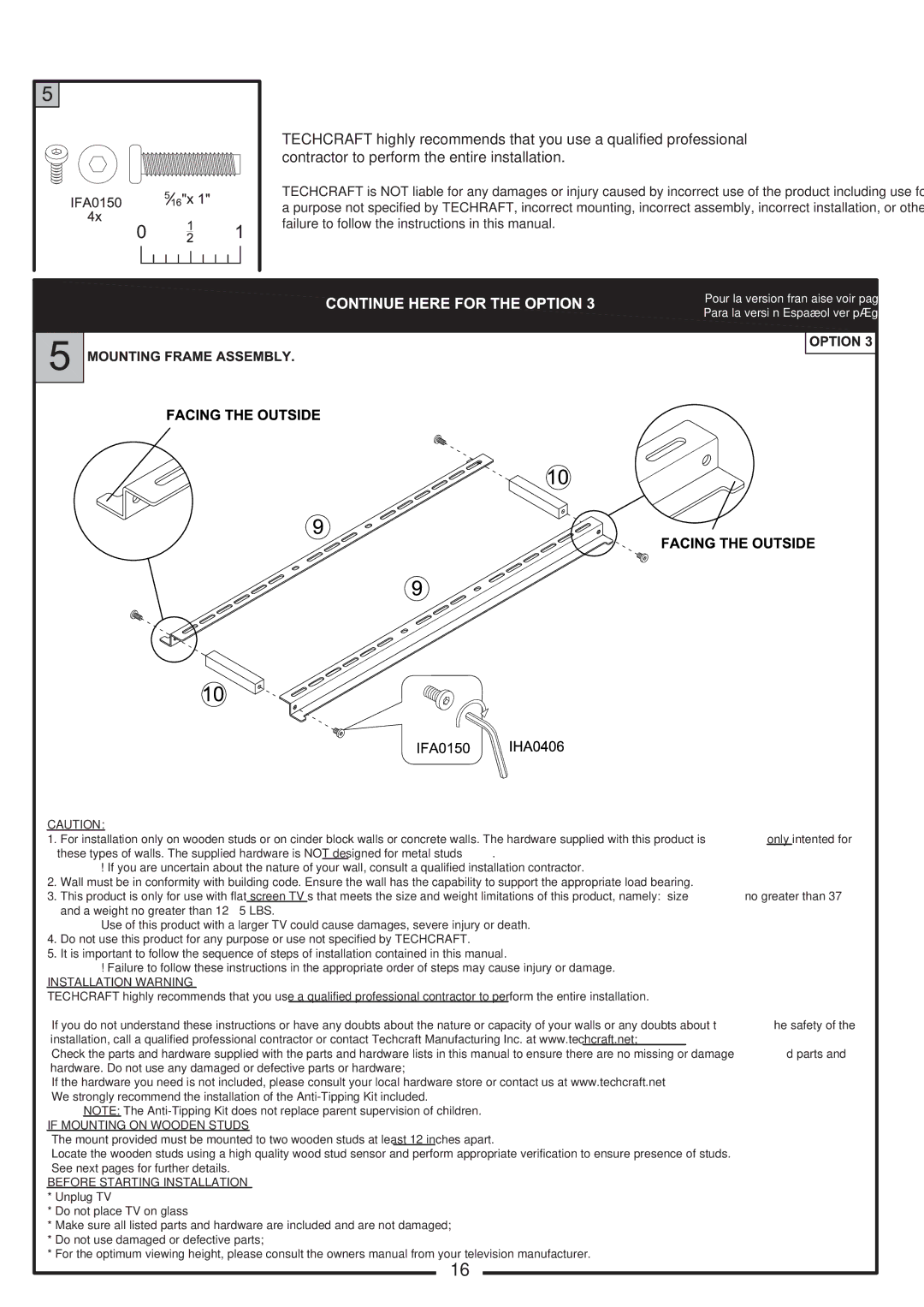 Tech Craft FLEX37WB manual Installation Warning 