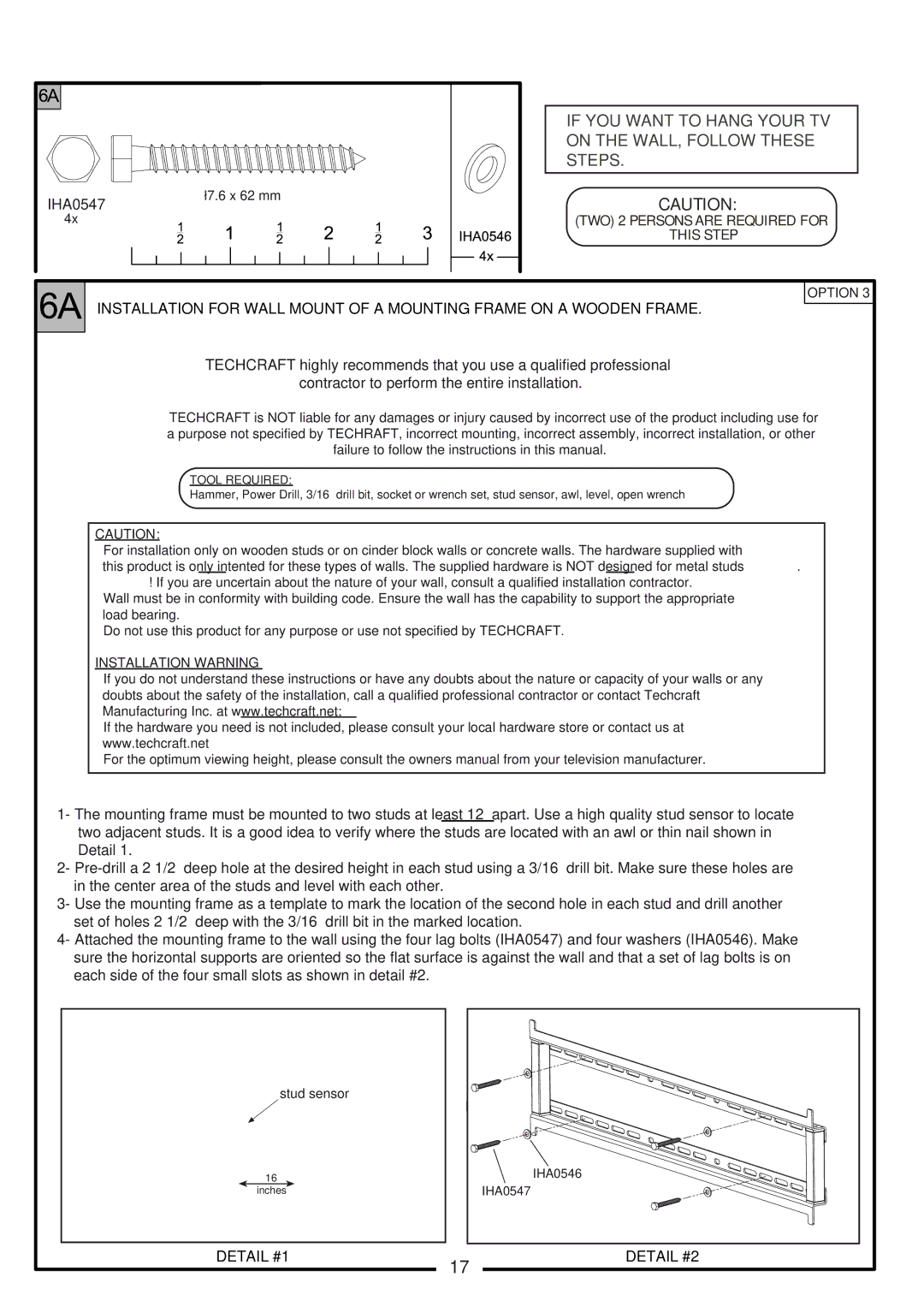 Tech Craft FLEX37WB manual If YOU Want to Hang Your TV on the WALL, Follow These Steps 