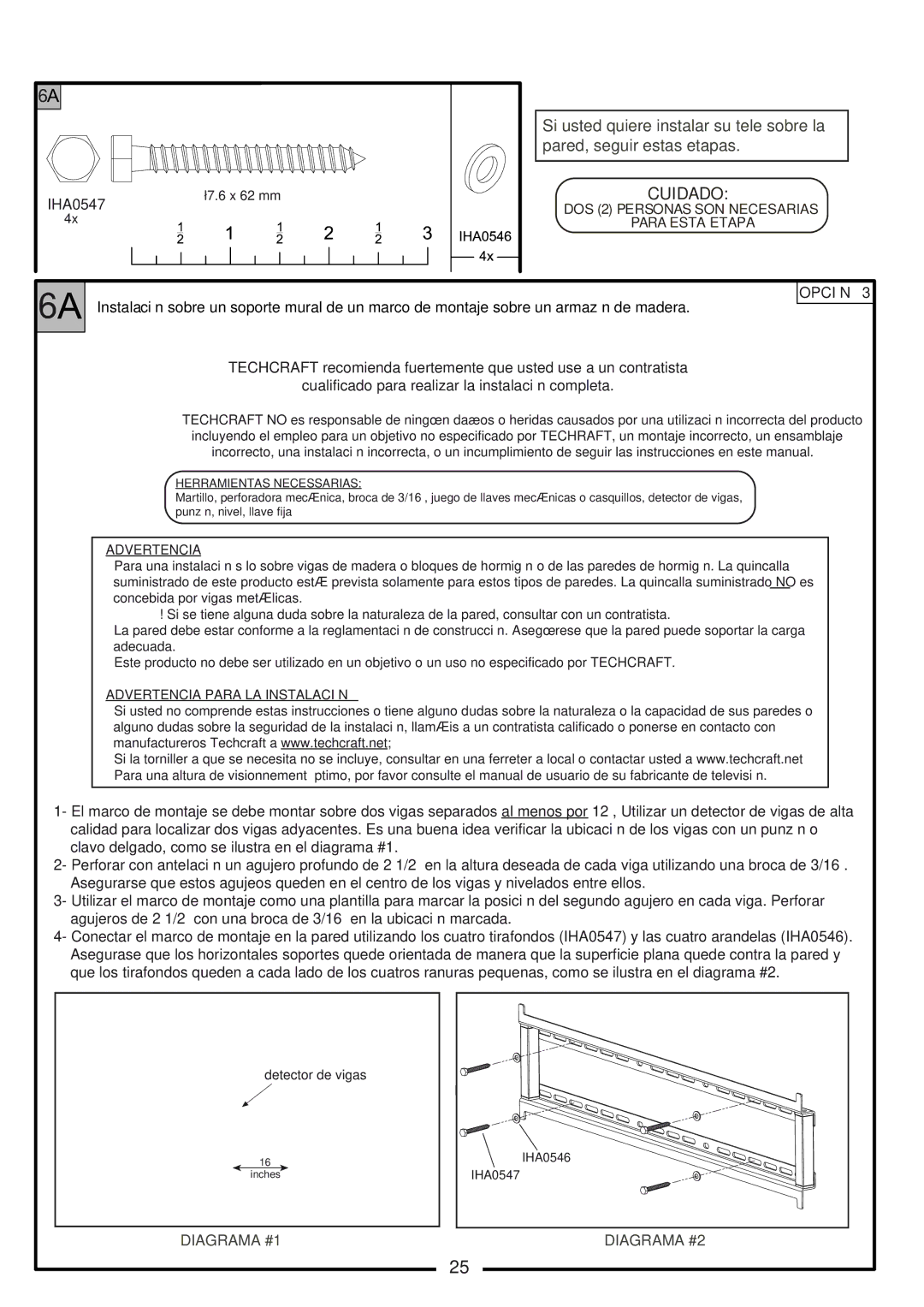 Tech Craft FLEX37WB manual Cuidado 