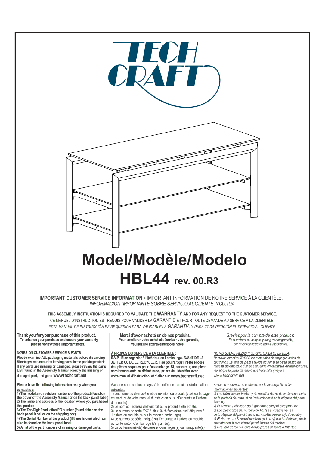 Tech Craft HBL44 warranty Model/Modèle/Modelo, Notas Sobre Piezas Y Servici O a LA Clientela 